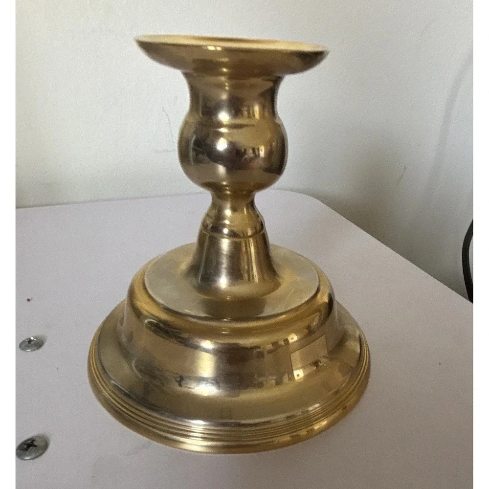 Gold-Tone Metal Taper Candle Holder, Glossy Finish, Round Base, Felt Bottom